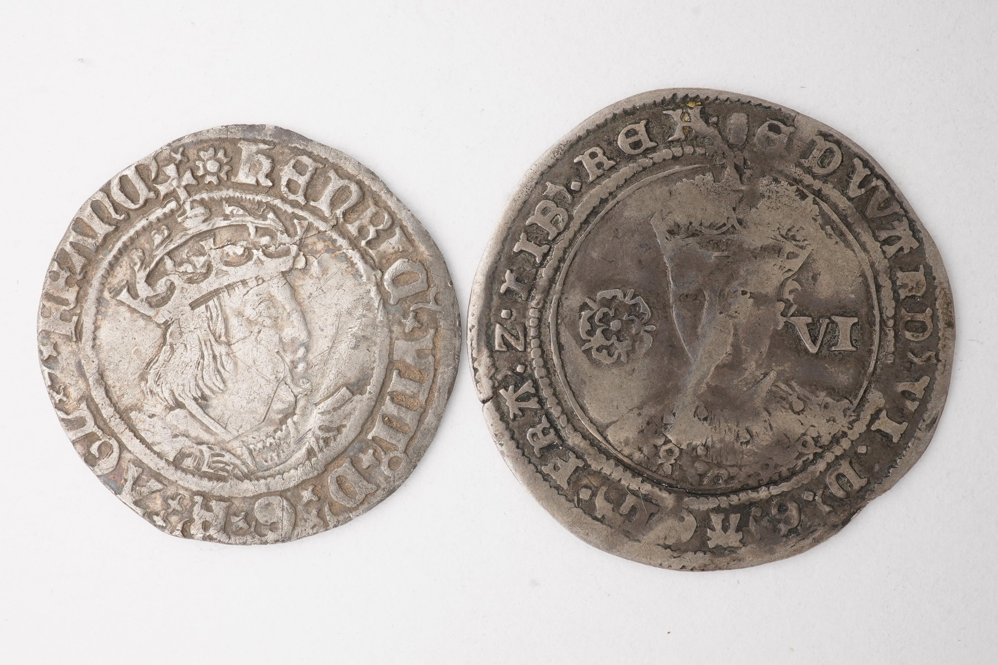 British hammered silver coins, House of Tudor, Henry VIII (1509-1547), Second coinage, Groat, Tower, mm. rose, bust D, saltires in forks, S 2337E, creased otherwise good fine, Edward VI (1547-53), fine silver issue, sixp